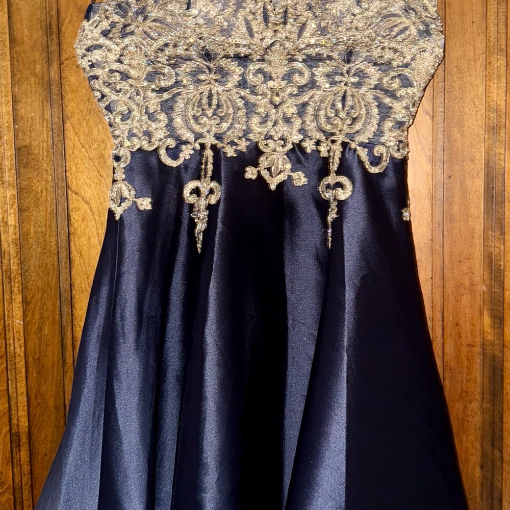 Elegant Blue and Gold Dress perfect for prom or black tie wedding
